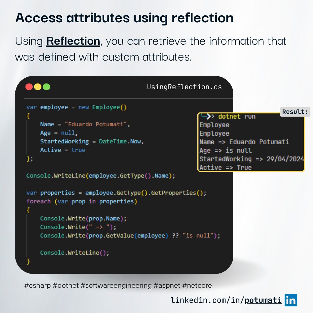 Code snippet demonstrating how to use Reflection to read custom attributes in C#