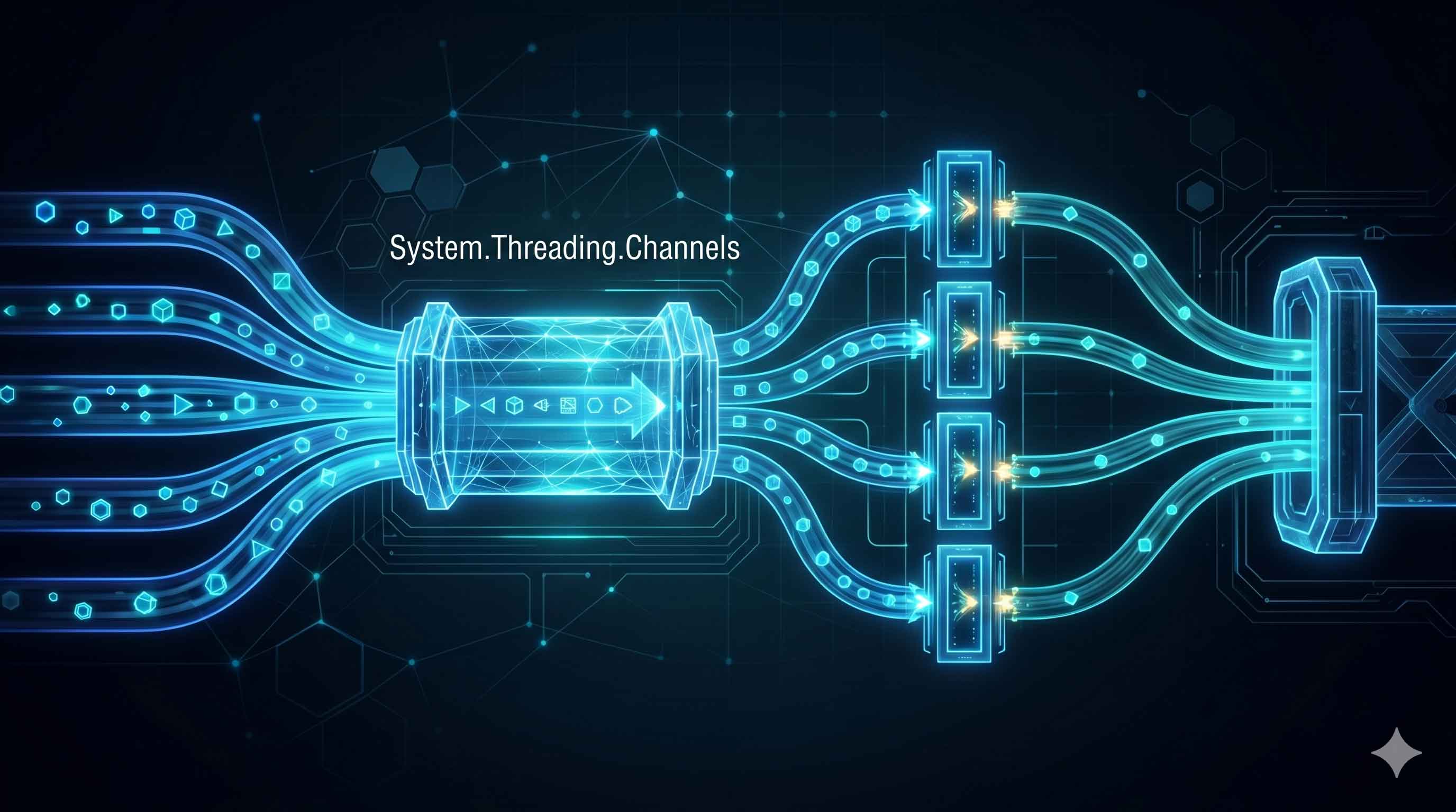 Diagram illustrating a high-throughput background pipeline using System.Threading.Channels in ASP.NET Core