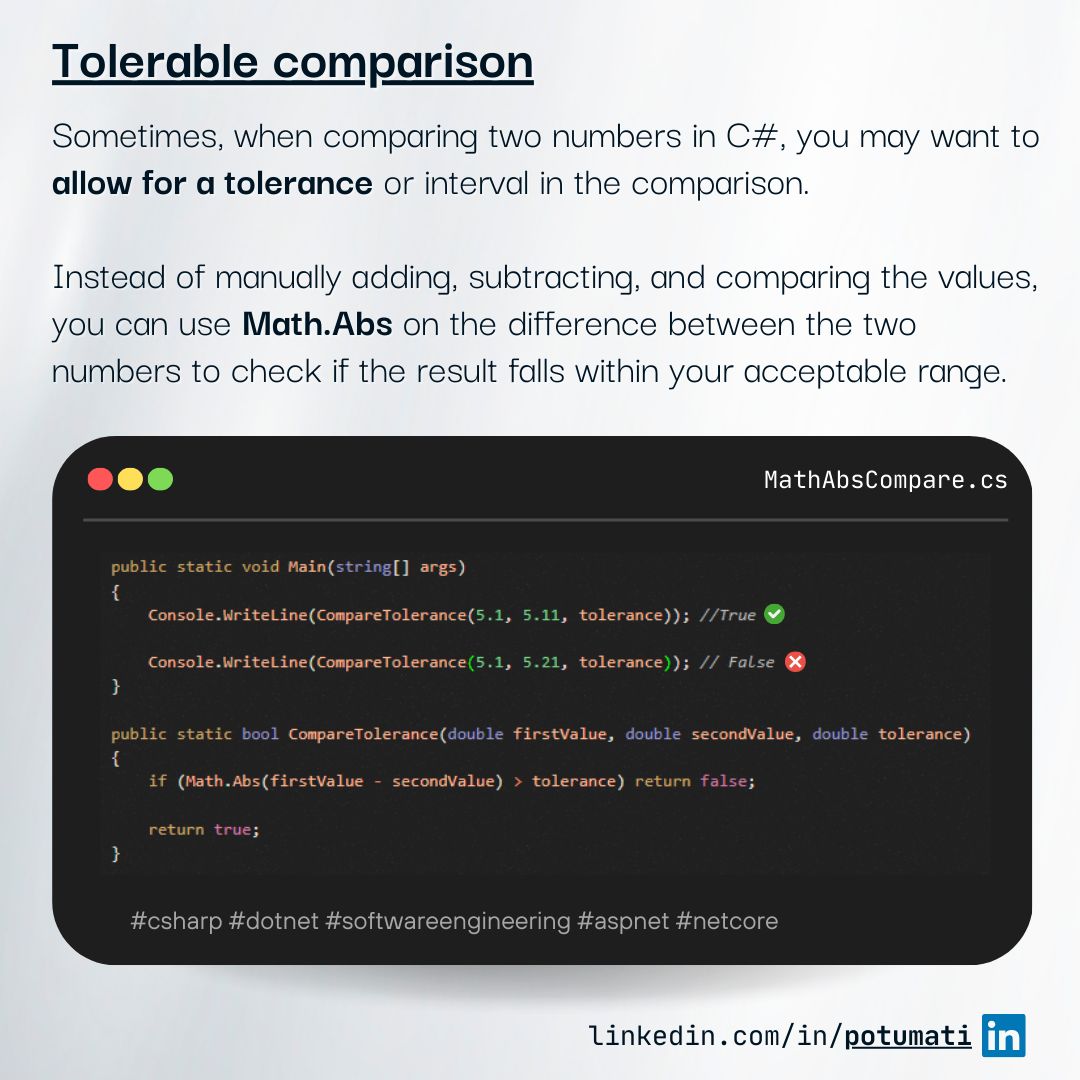 Code snippet demonstrating how to compare two numbers using Math.Abs in C#