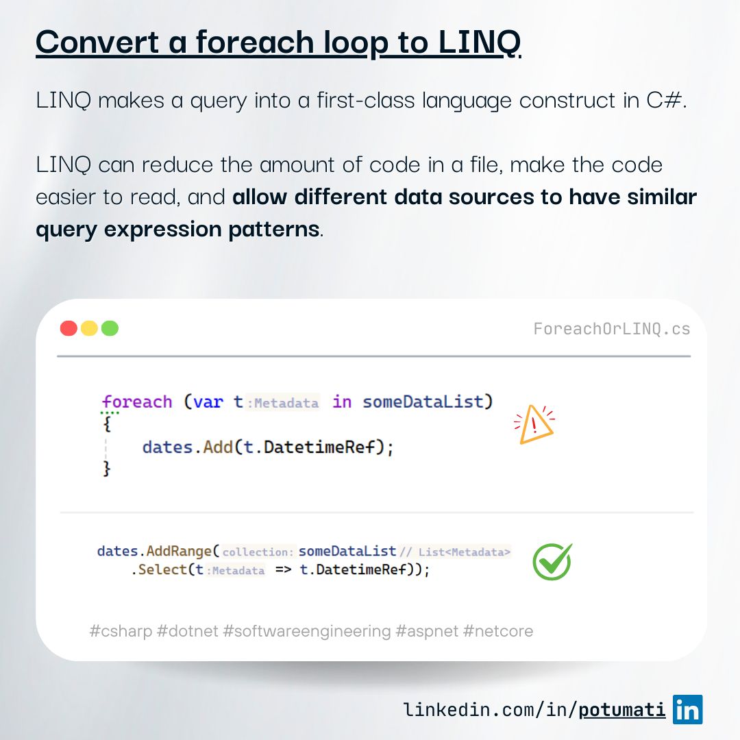 A code comparison showing a foreach loop converted into a LINQ expression