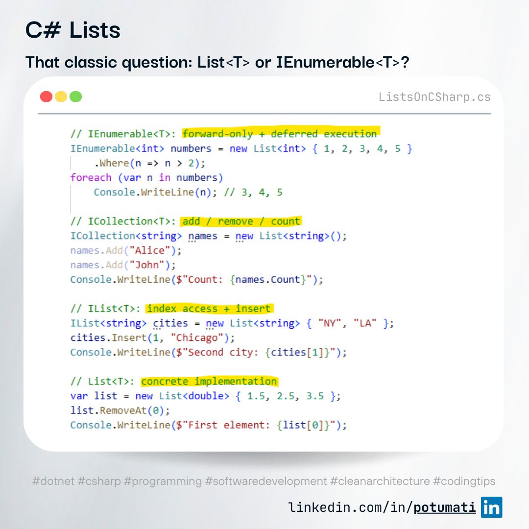 A comparison table or code snippet demonstrating List vs IEnumerable in C#