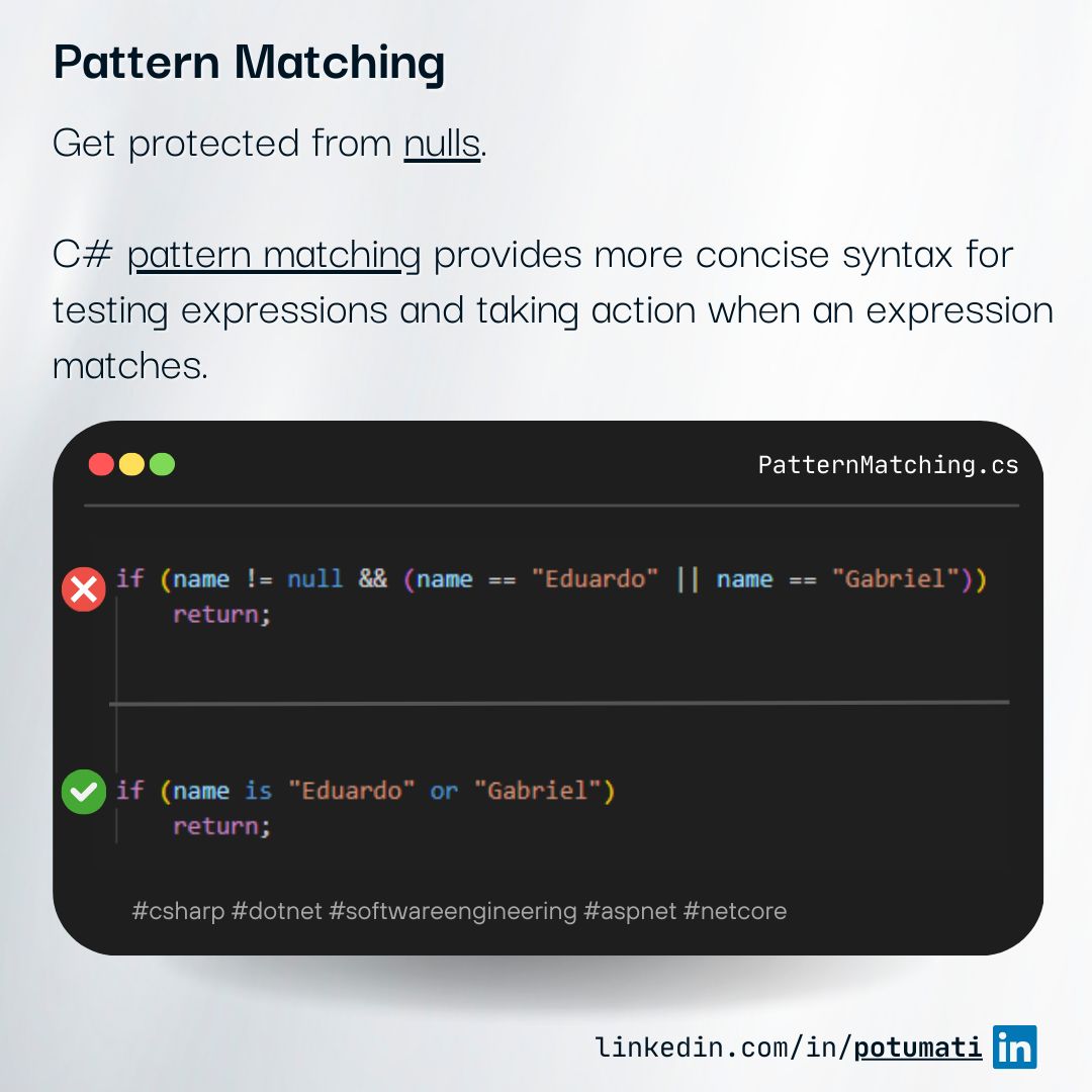 Code snippet demonstrating pattern matching to protect against nulls in C#