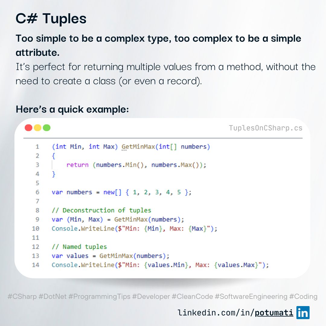 A code snippet illustrating the usage of tuples in C# to return multiple values