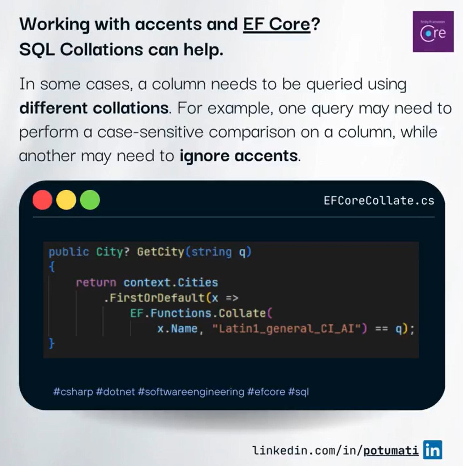 Code snippet demonstrating EF.Functions.Collate for accent-insensitive querying in EF Core