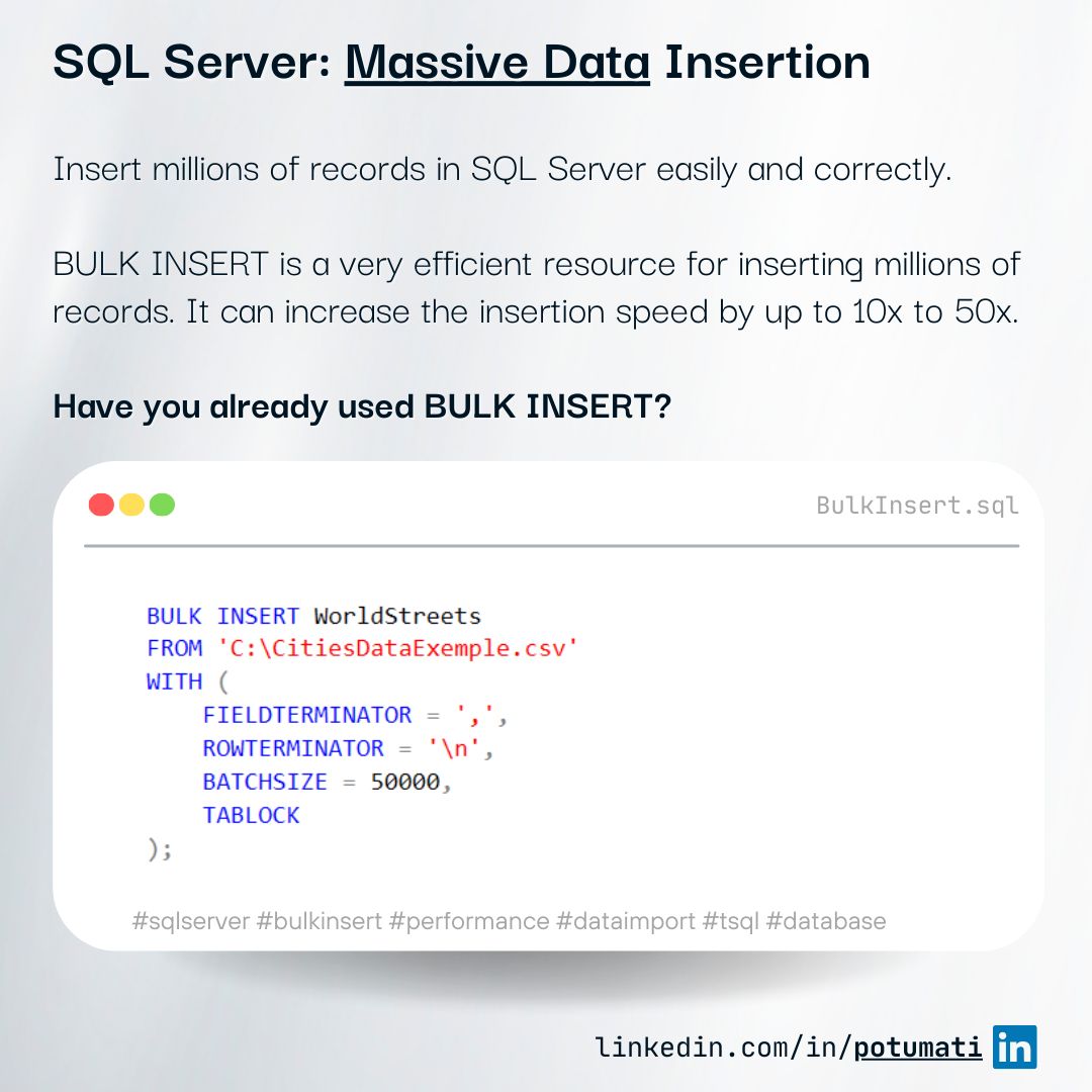 A code snippet illustrating the syntax for BULK INSERT in SQL Server